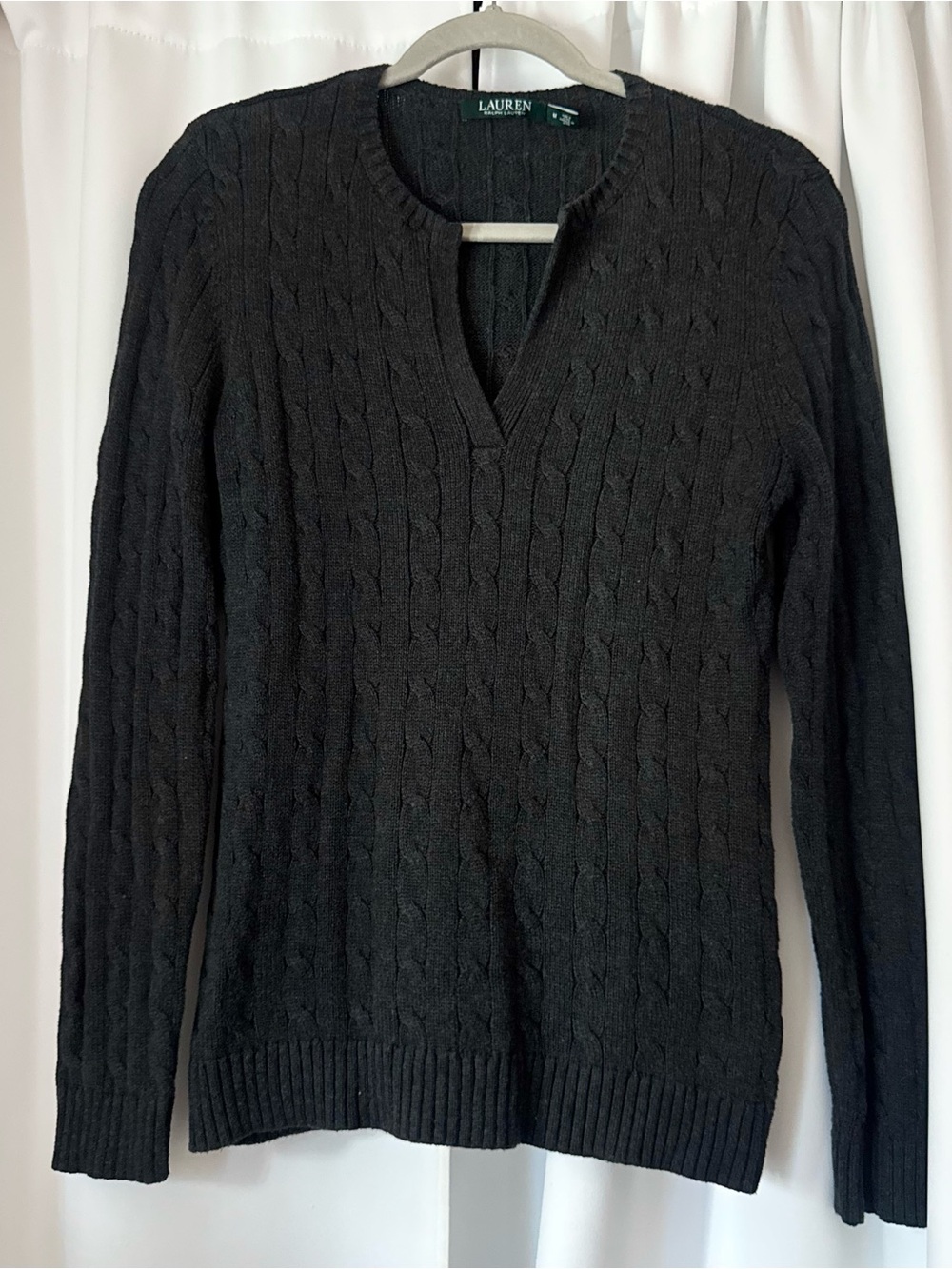 Lauren Ralph Lauren Dark Gray Cable-Knit V-Neck Sweater Size Medium